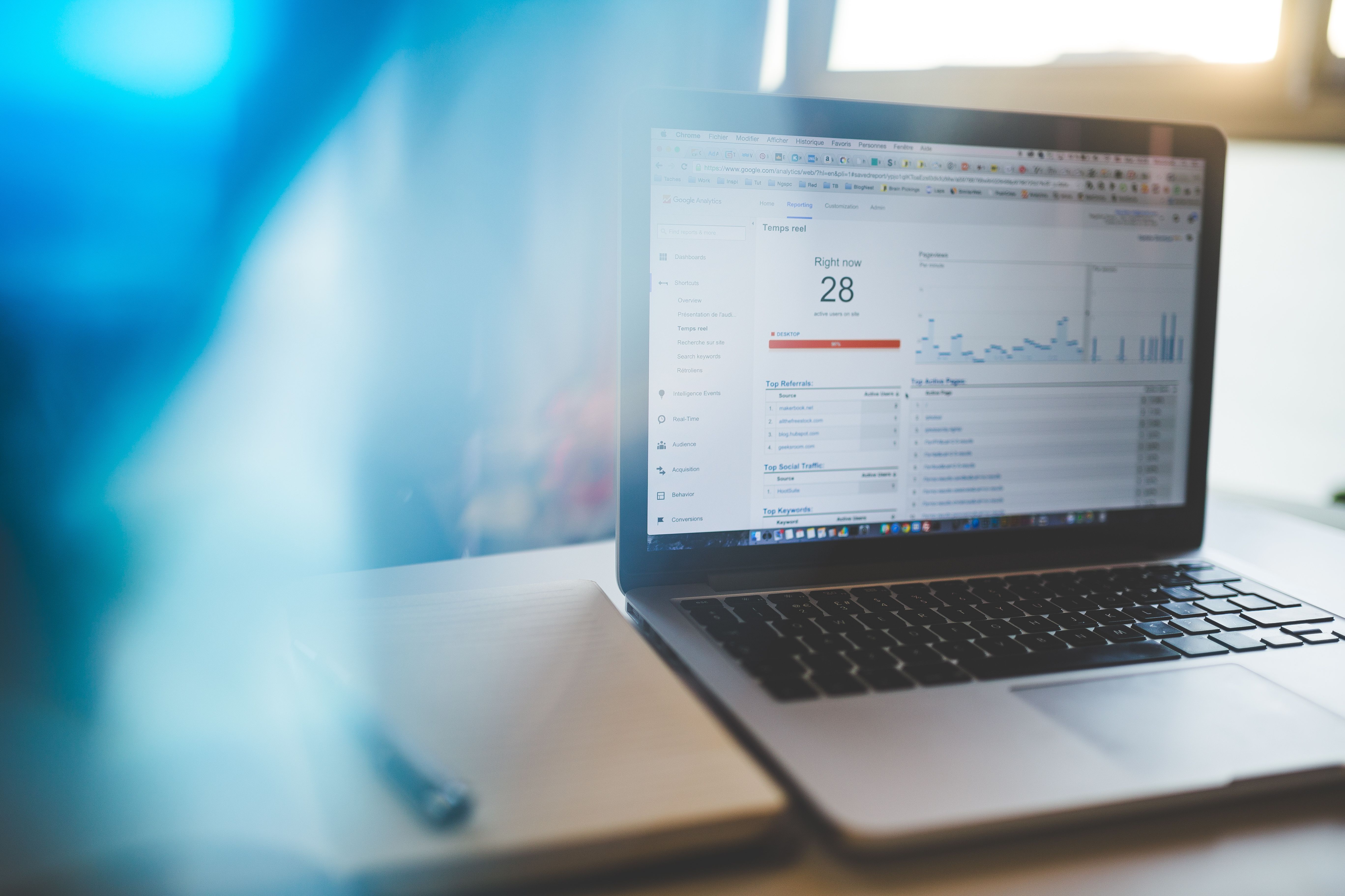 Laptop displaying Google Analytics dashboard in a modern workspace