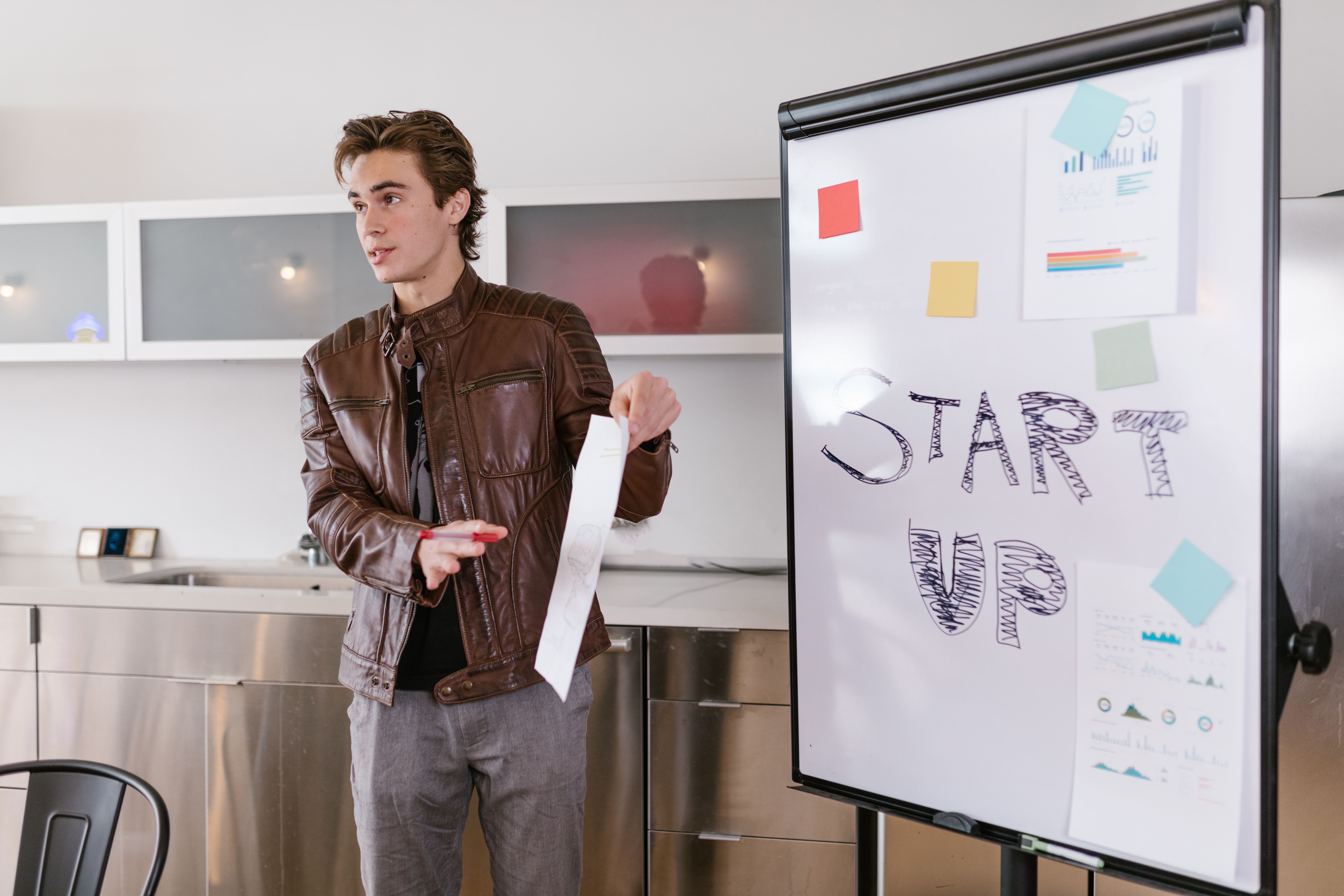 Young startup founder pitching strategy to investors at a flip chart